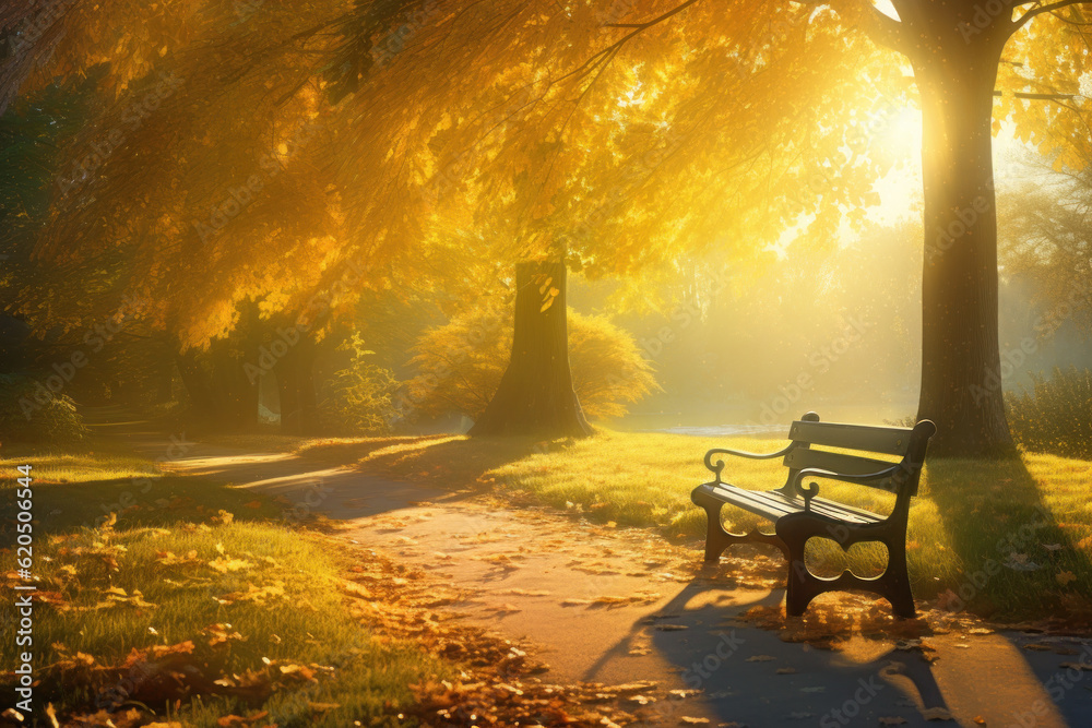 Canvas Prints solitary bench in autumn park with sunbeams falling through yellow trees creating soft golden mist