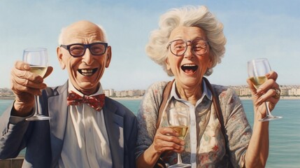 Concept: life and rest of pensioners. Happy elderly couple drinking cocktails on vacation by the sea, active old people. created by AI