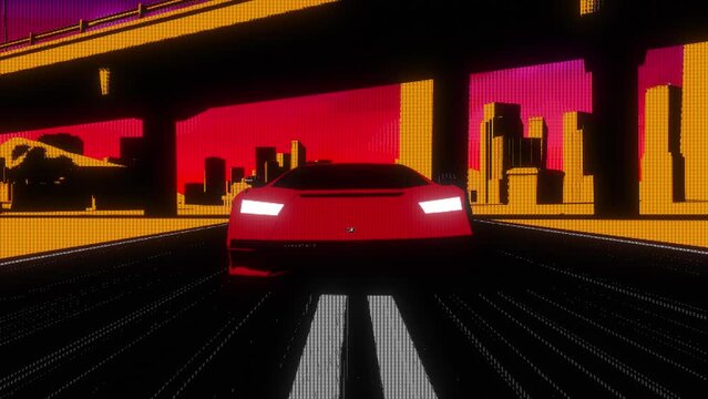 Retro car animation loop, car driving through the city