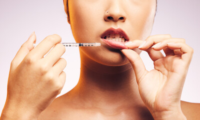 Beauty, lip filler and hands with botox injection, plastic surgery and portrait of cosmetic...