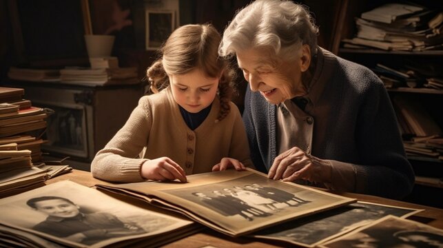 Family tree concept, dna, genes, ancestors. Grandmother elderly woman sits with her granddaughter shows her a photo album with relatives. Generational continuity, vintage retro, created by AI