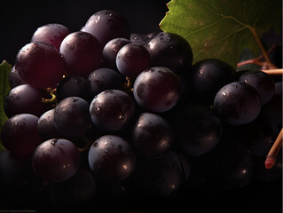 Bunch of black grapes with drops of water on a dark background