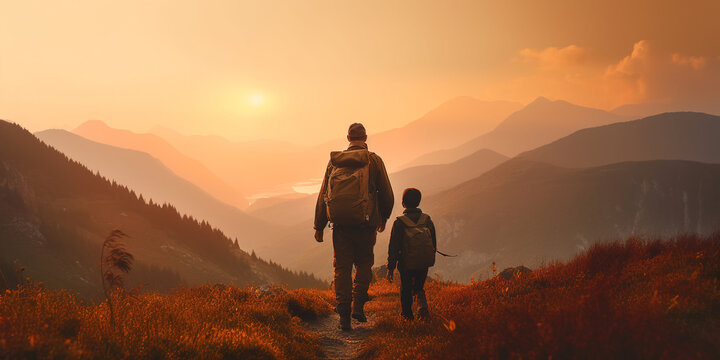 Generative AI, father and son travel in the mountains with backpacks, hiking in nature, father's day card, beautiful sunset, impressive scenery, tourists, traveler family, camping with children