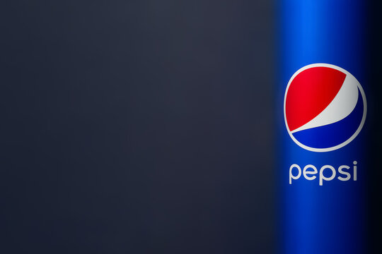 Pepsi cola. Can of Pepsi with copy space. Pepsi in a can. Non-alcoholic drink from the global brand Pepsi. Shallow depth of field. Ukraine. Kyiv. 07. 04. 2023