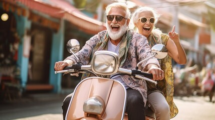 Concept: life and rest of pensioners. Happy couple of old people riding a scooter on a trip to Asia, active seniors. created by AI