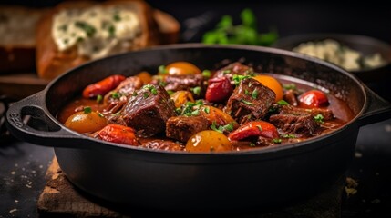 Beef Bourguignon served in a cast iron pot with a side of crusty bread
