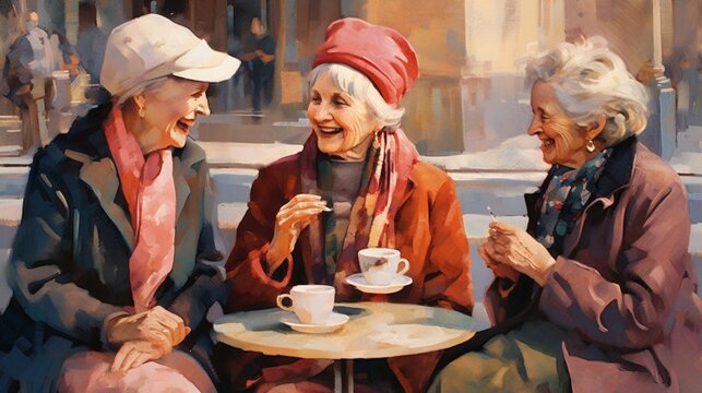 Concept: life and rest of pensioners. Happy elderly girlfriends sit in a city cafe on the terrace and have fun chatting, active elderly people. created by AI