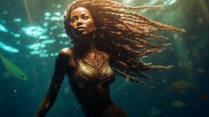 A beautiful African mermaid swims under the water of the ocean of a lake or body of water, AI generated