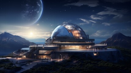 Naklejka na ściany i meble Celestial Observatory: An advanced observatory situated on a remote moon, equipped with massive telescopes and observation decks for stargazing and monitoring cosmic events - generative ai