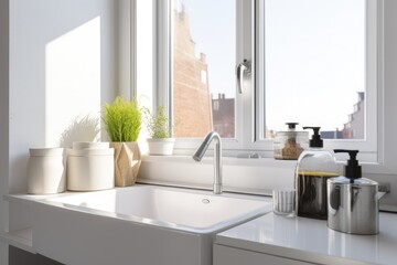 Fototapeta na wymiar modern white kitchen with steel and a big window in background