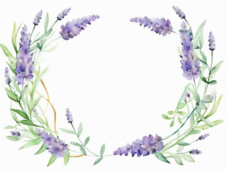 Watercolor round frame with purple lavender flowers, copy space inside, ai generated