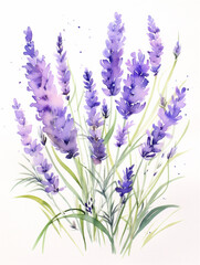 Fototapeta premium Watercolor illustration of purple lavender flowers isolated on white, ai generated