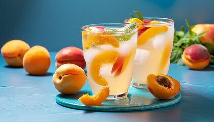 Cold, Summer lemonade with peach and apricot on a blue background