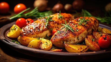 Grilled chicken breast in different variations with cherry tomatoes, green French beans, garlic, herbs, cut lemon. rustic Generative AI. - obrazy, fototapety, plakaty
