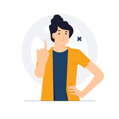 No and makes stop gesture, forbids disagreement, Body language No means no. Girl says no and showing stop with one finger, taboo sign, deny expression, and angry grumpy ban concept illustration