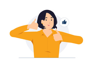 Like hand sign, public approval, Ok, feedback, agree, support, joy, woman approving and showing Thumbs Up with both hands smiling and happy for success concept illustration