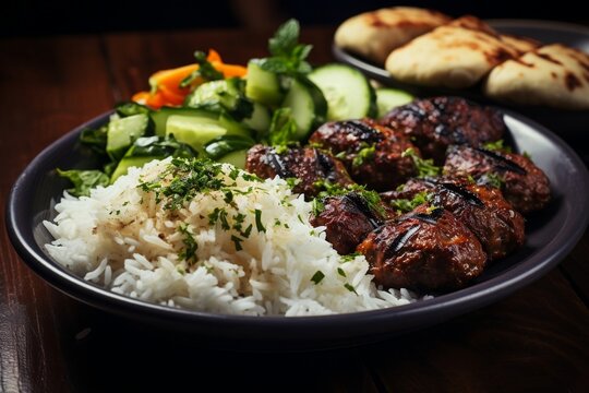 A plate of food with rice, cucumbers, and meat. AI