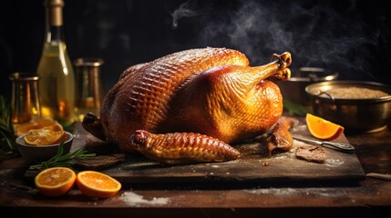 Roast goose stuffed with baked apples in a skillet on a dark wooden background, festive christmas....