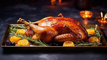 Roast goose stuffed with baked apples in a skillet on a dark wooden background, festive christmas. Generative AI - obrazy, fototapety, plakaty