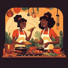 dark-skinned friends cook food, flat illustration Generative AI