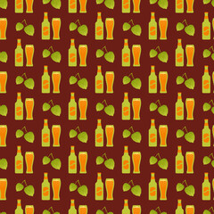 Octoberfest pattern with green beer bottles, beer glasses and hop on brown background. Germany traditional texture prints. Oktoberfest seamless background. Vector illustration