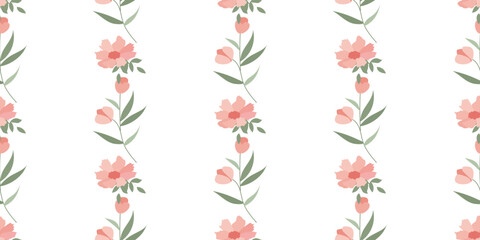Seamless botanical pattern with peonies and branches of pink flowers. Great for printing on fabric and paper. decor for textiles.