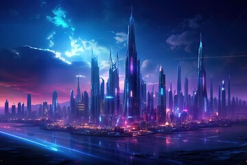 Fototapeta na wymiar Futuristic metropolis illuminated by purple and cyan Generative AI