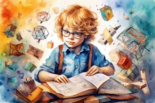 The child is engaged in self-education, disciplined reading a book, geometry, mathematics, illustration in a watercolor style, generated by AI