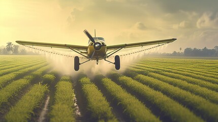 A crop duster applies chemicals to a field of vegetation. Generative AI - obrazy, fototapety, plakaty