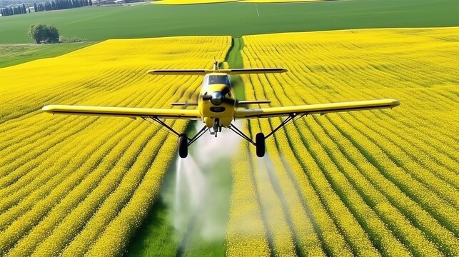 A crop duster applies chemicals to a field of vegetation. Generative AI