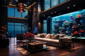 A living room filled with furniture and a large aquarium. AI