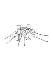 Continuous one line drawing of hands cheering with glasses of wine. Vector illustration.