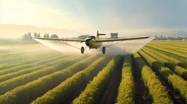 A crop duster applies chemicals to a field of vegetation. Generative AI