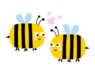 Cute cartoon bumble bees in love - yellow insect with stripes. Funny bees, flower buds and foliage pack bundle for summer collections. Happy Valentine's Day.