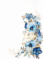 Watercolor frame with blue flowers on white background with copy space inside. Ai generated