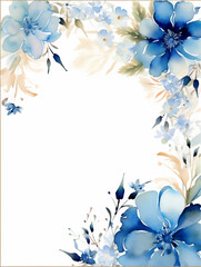 Watercolor frame with blue flowers on white background with copy space inside. Ai generated