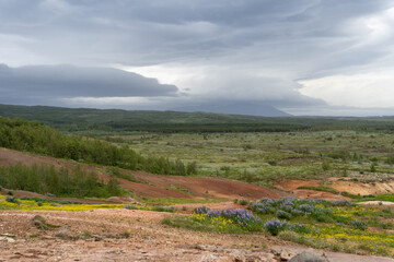 Landscape view over Haukadalur Valley, Iceland from Konunghsver hot spring in summer