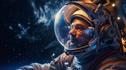Cinematic astronaut closeup helmet in space - obrazy, fototapety, plakaty