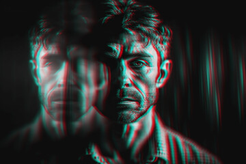 Portrait of schizophrenic man with mental disorders and paranoia in depression. Black and white with 3D glitch effect. Generative AI