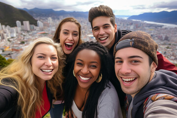 Friends of different ethnicities taking a group selfie with scenic mountains or a vibrant cityscape as the backdrop Generative AI