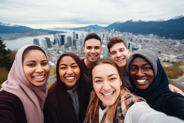 Friends of different ethnicities taking a group selfie with scenic mountains or a vibrant cityscape as the backdrop Generative AI