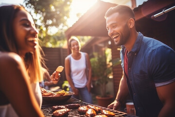 A multiethnic group of friends gathered around a barbecue, grilling and enjoying a sunny day in the backyard Generative AI