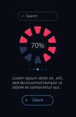 Circle chart of progress UI element template. Editable isolated vector dashboard component. Flat user interface. Visual data presentation. Web design widget for mobile application with dark theme