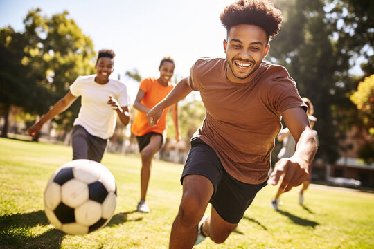 Friends from different cultural backgrounds playing a lively game of soccer in a community park Generative AI