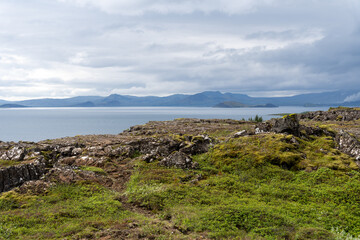 Fototapeta na wymiar Landscape of Thingvellir rift valley of the mid Atlantic ridge and Lake Thingvallavatn in Iceland