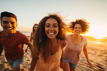 Friends from different ethnic backgrounds running together on a beach, enjoying the beautiful sunset Generative AI