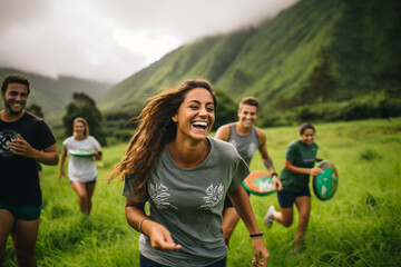 A diverse group of people playing a game of frisbee in a lush green field, their smiles radiating joy Generative AI