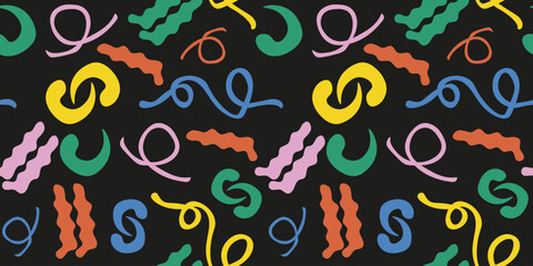 Hand drawing groovy seamless pattern with abstract Trendy Shapes. Wrapping paper with Organic Shapes. Funky loop, wave, bubble, line in y2k style. Vector Art