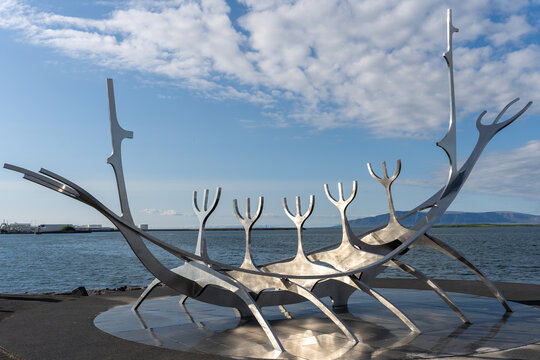 Reykjavik, Iceland - 06.21.2023: Sun Voyager (Solfar) sculpture in Reykjavik, Iceland