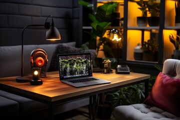 A modern desk setup with a laptop and a lamp. AI